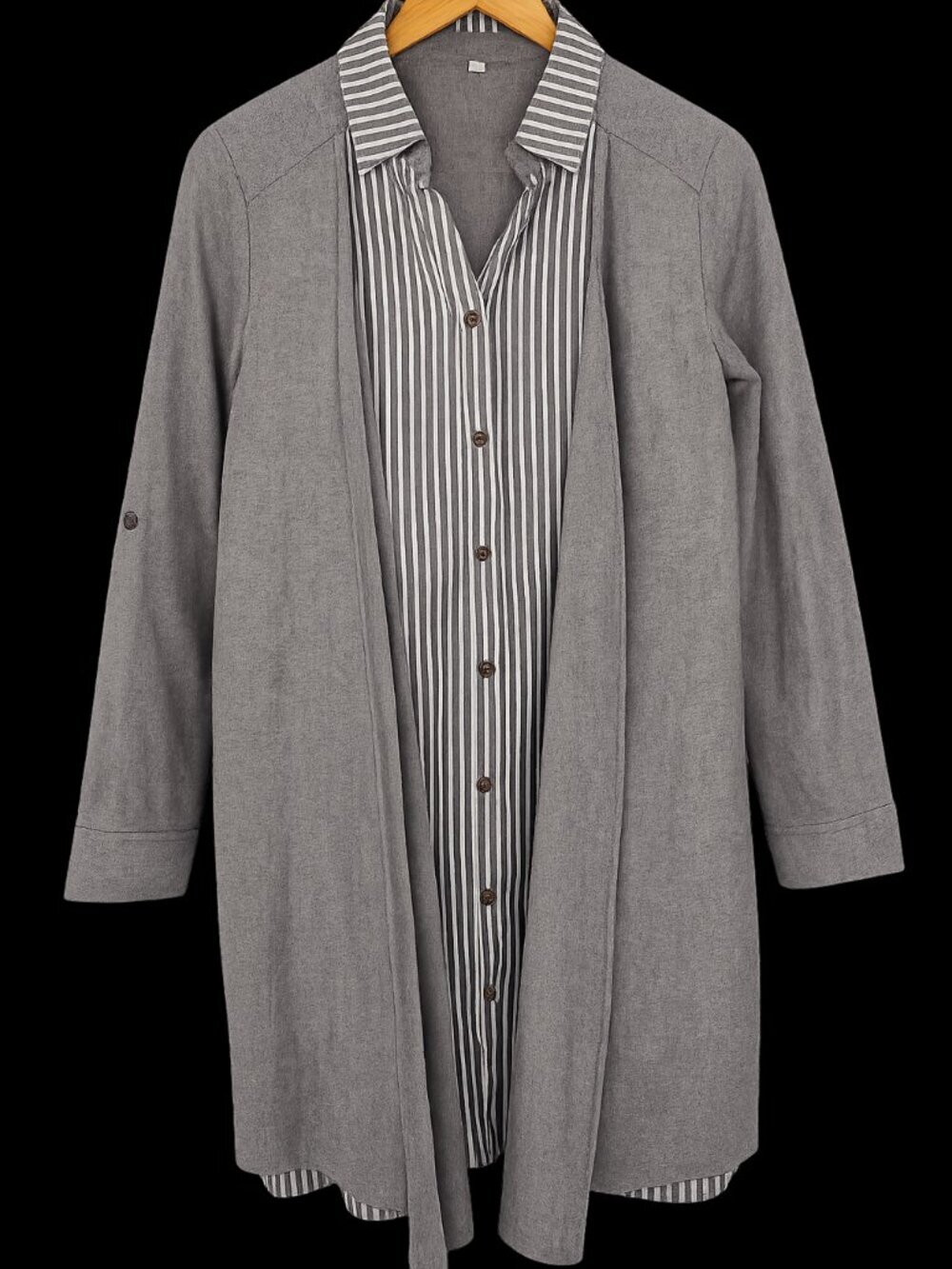 Japanese Nissen Mori-Kei Faux-Layered 2-in-1 Longline Cardigan Shirt - Picture 3 of 14
